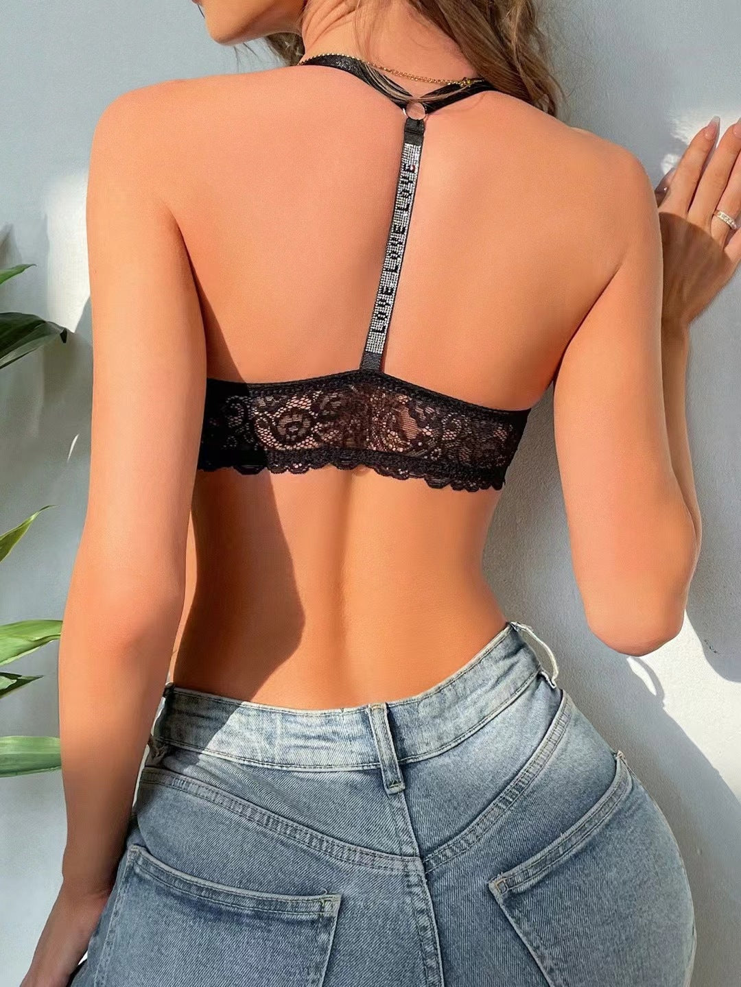 Letter Print  Front-Open Black Bra